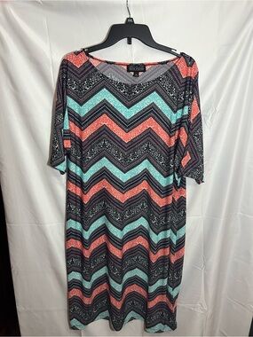 1X karin stevens Coral, Teal & Black Patterned V-Neck Dress
